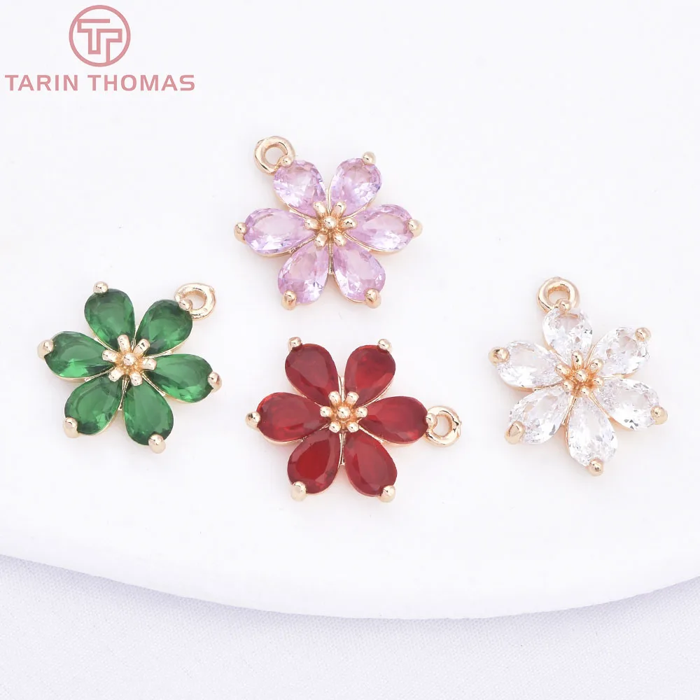 (11051) 6PCS 24K Gold Color Plated Brass Inlaid Colorful Zircon Flower Pendants DIY Handmade Jewelry Making Accessories