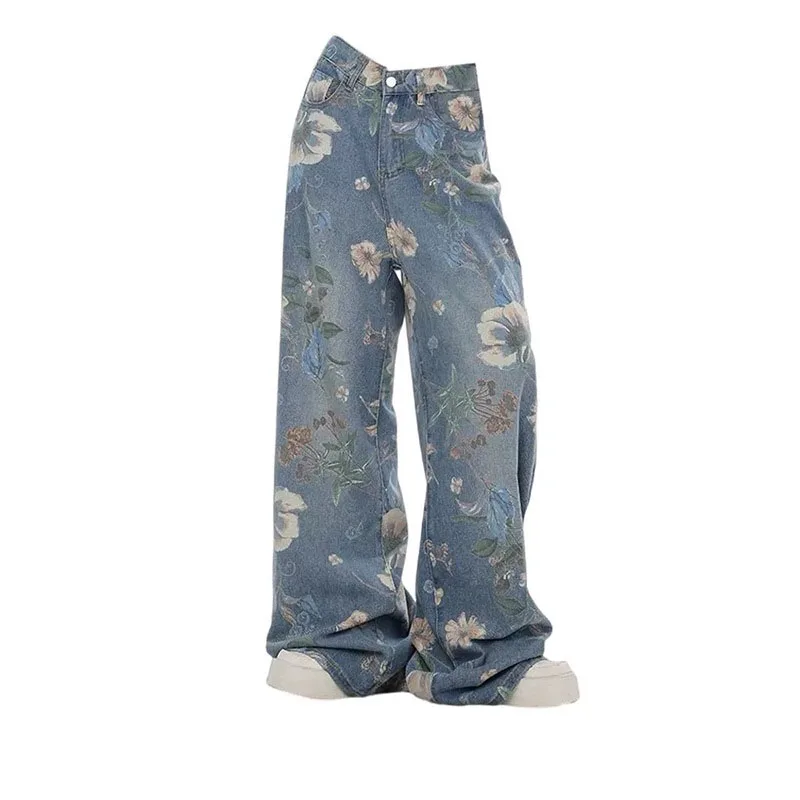 

Men'S Jeans Vintage Printed Couple Loose Straight Leg Pants Women'S Jeans Design Floor Length Wide Leg Pants