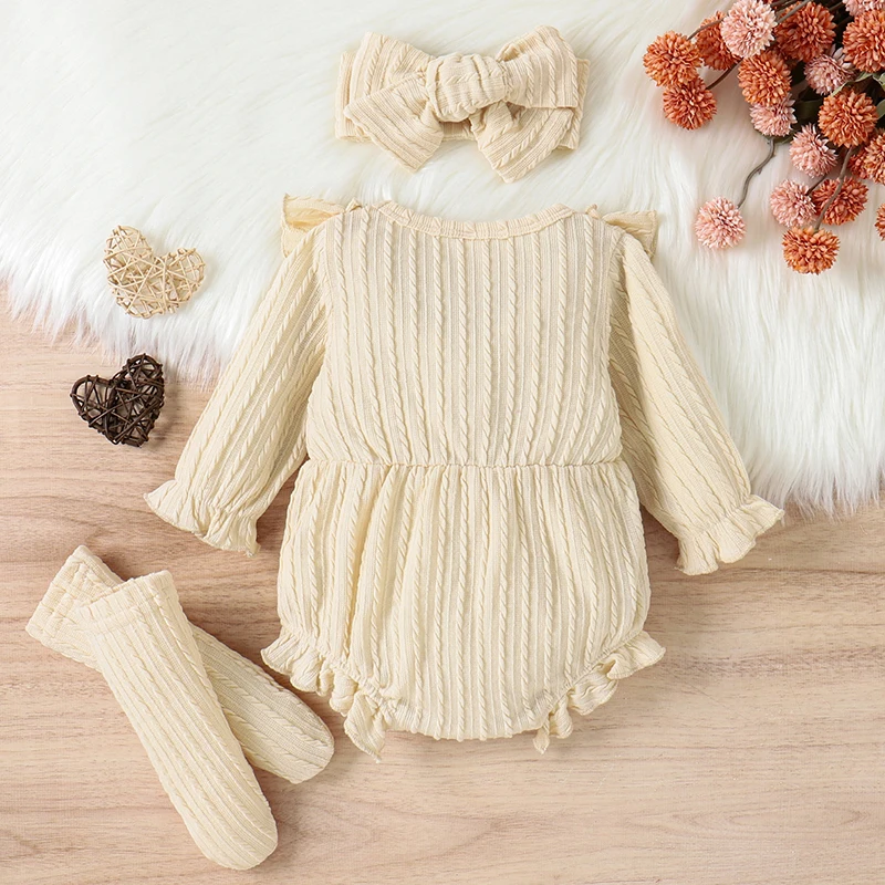 0-12M Newborn Baby Girls 3Pcs Clothes Sets Fall Long Sleeve Button Front Ruffle Romper + Socks + Headband Suit