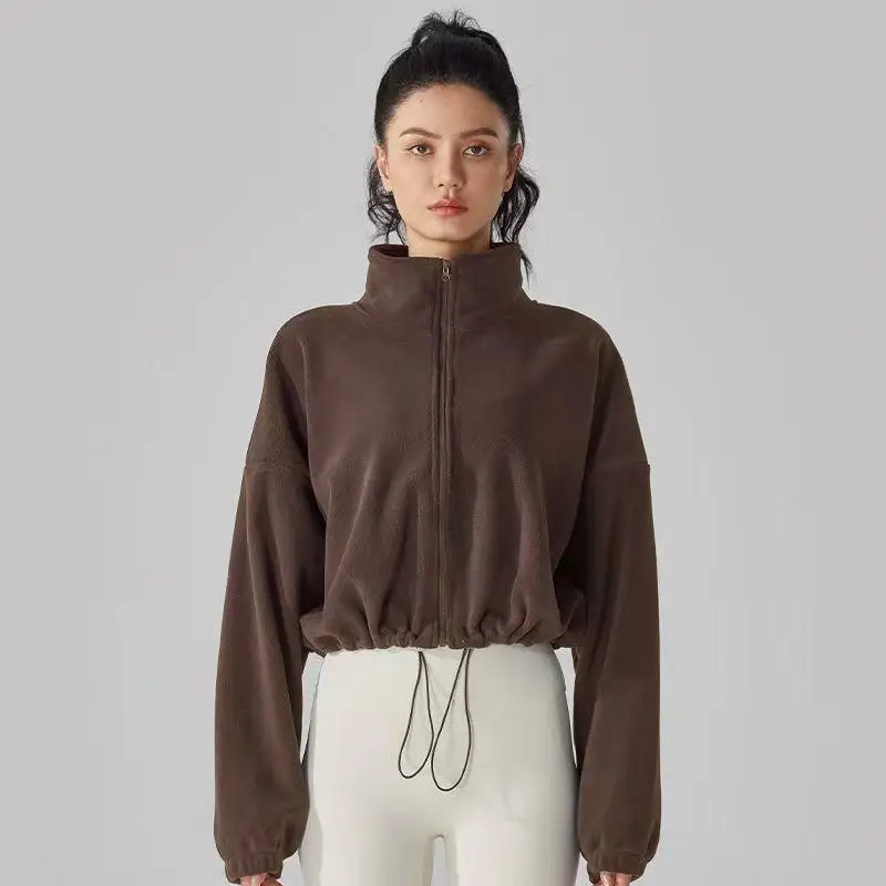 

Новая флисовая куртка для фитнеса 2026 года: свободная, теплая, с воротником-стойкой, длинными рукавами, высокой талией, повседневная, для спорта и йоги, на молнии, для женщин