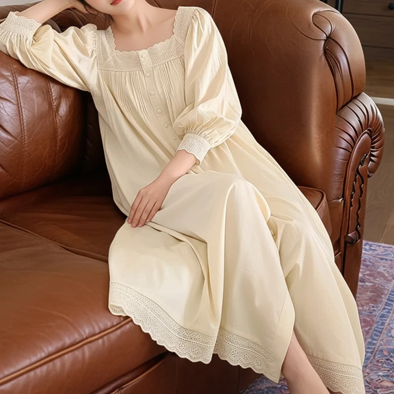 

Female Vintage 100% Cotton Long Nightgown Fairy Retro Princess Court Style Sleep Dress Sweet Girls Lace Square Neck Nightgown