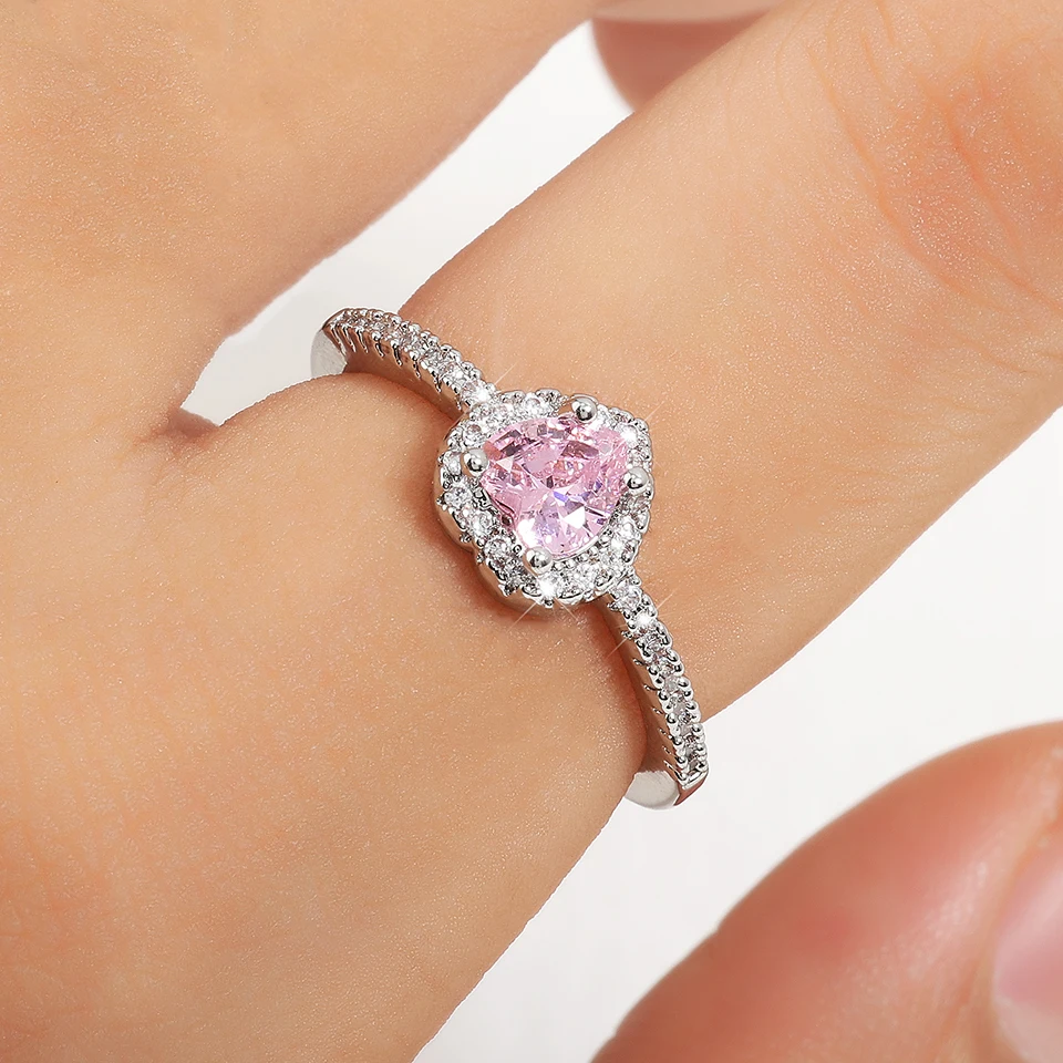 ZAKOL 2-teiliges Set Rosa-Weißes Herzförmiges Strass-Halsketten-Ring-Set Glänzender Zirkon Süßer Romantischer Schmuck Geschenk für Frauen Mädchen – Detail 7