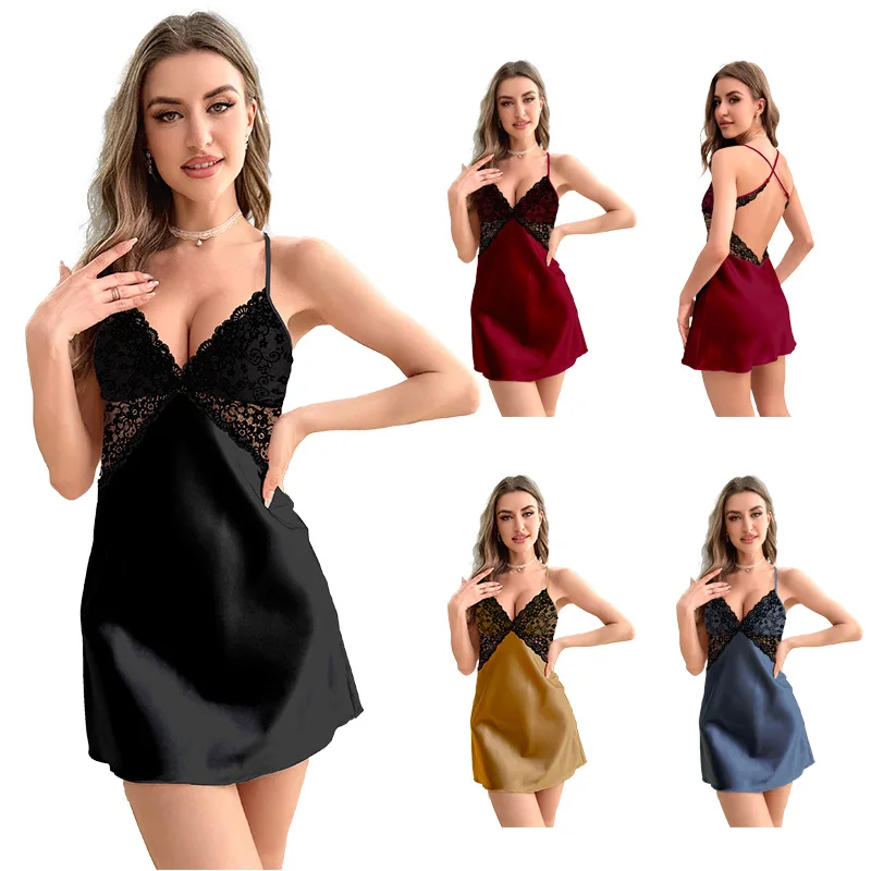 

Breathable Ice Silk Sleep Dress Women Casual Summer Homewear Backless Design Short Length, Featuring Delicate Spaghetti Straps