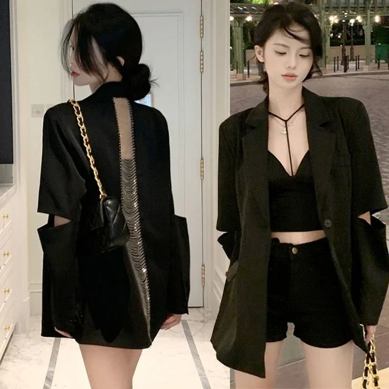

Женский весенне-осенний новый черный пиджак 2021, сексуальный вырез с открытой спиной и цепочкой, свободный крой на одной пуговице, премиальный женский стиль