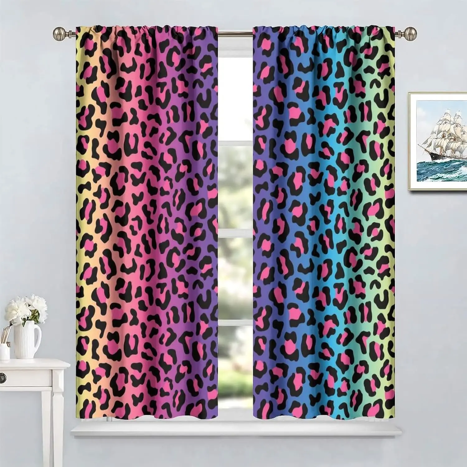 Leopard Print Window Curtains for Girls Women Bedroom,Gradient Rainbow Wild Big Cats Leopard Print Pattern,Window Treatments