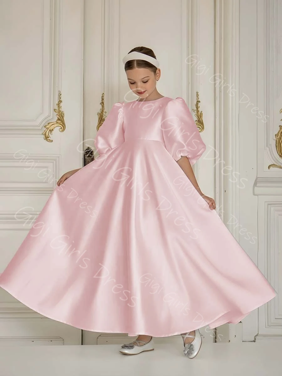 Vestido de satén personalizado con flores para niña, vestido de primera comunión con mangas de globo y cintura alta, vestido de fiesta de boda personalizado para niño