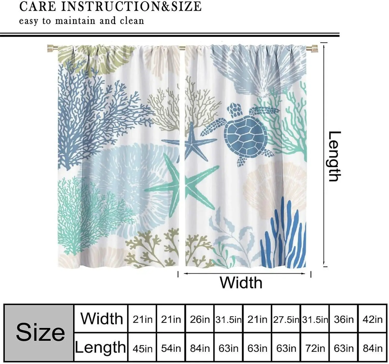 Coastal Marine Life Theme Curtain 2 Panels Colorful Coral Turtle Starfish Plain White Base Living Nautical Summer Home Curtains