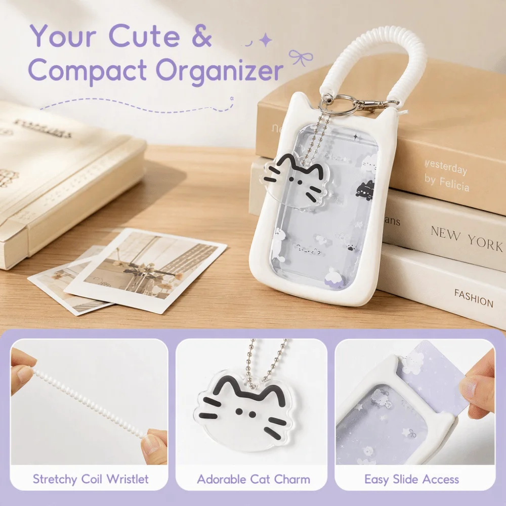 Women Transparent Cute Cat Ear Card Holder Photo Card Keychain Cartoon Waterproof Student ID Card Cover Hanging Rope