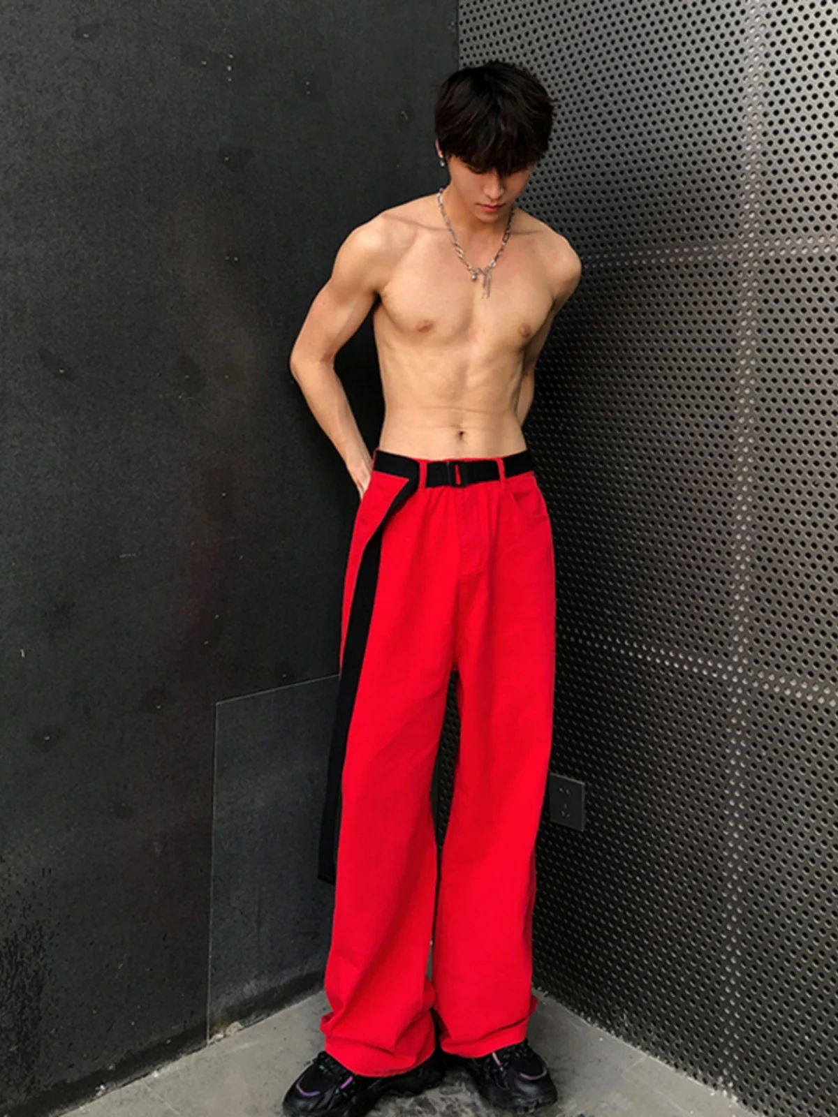 

Red Straight Leg Thin Denim Jeans Men's Summer Faion OOTD Pants High Waist Zipper Fly Casual Long Trousers