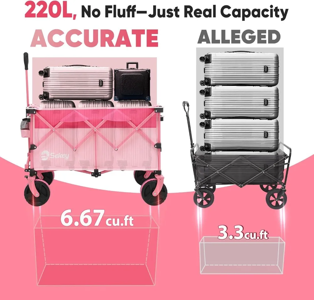 220L Heavy Duty Foldable Wagon Cart with All-Terrain Wheels, Collapsible for Camping, Garden, Sports, Pink