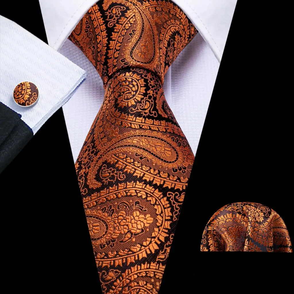 Barry.Wang Paisley Silk Men Tie Pocket Square Cufflinks Set Elegant Jacquard Casual Necktie for Male Wedding Business Party Gift