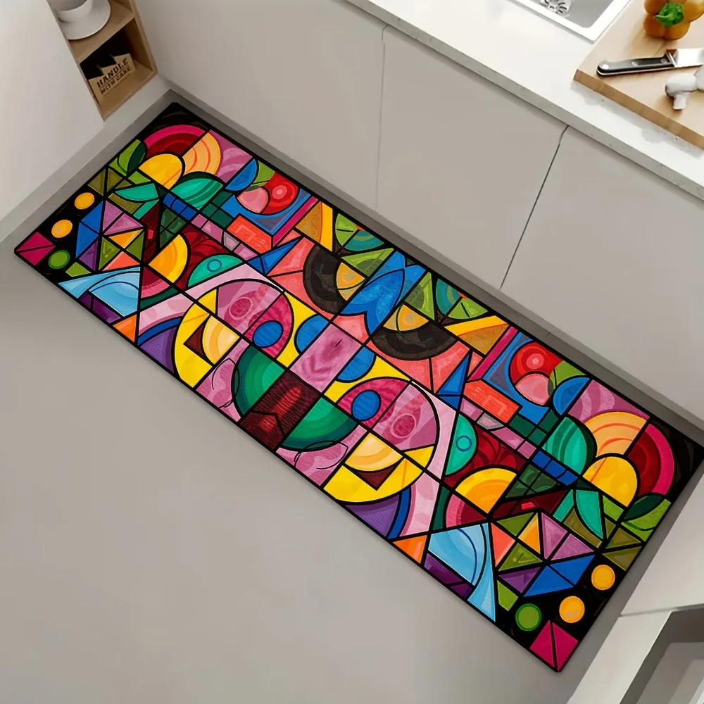 Colorful Geometric Stained Glass Kitchen Bath Mat, Non-Slip Soft Absorbent Long Floor Rug with Abstract Art Pattern for Home
