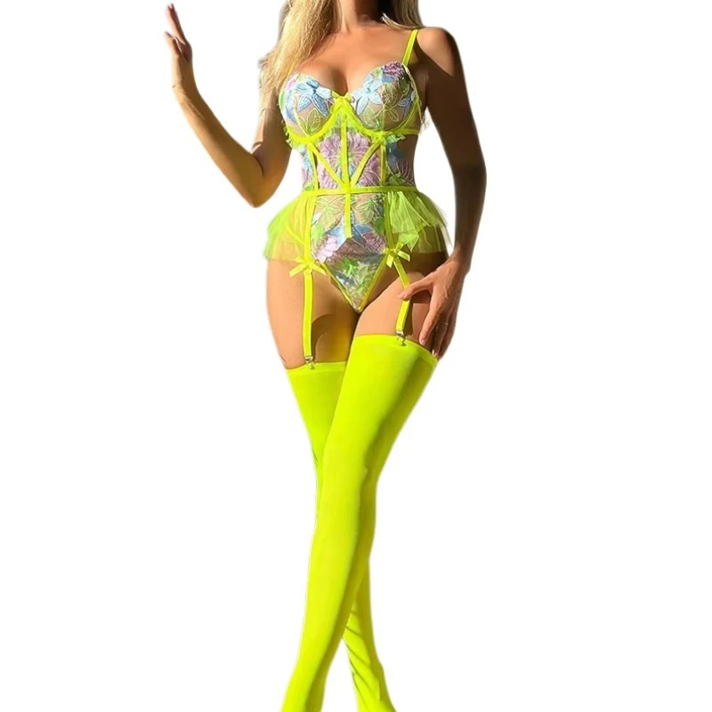 

Сексуальное боди с цветочной вышивкой, женские комплекты нижнего белья, прозрачная сетка, лоскутное тонкое боди, комплекты эротических нарядов с чулками