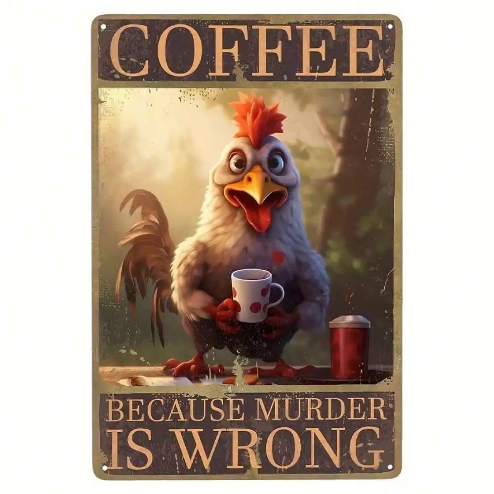 Vintage Coffee Because Murder Is Wrong Lustiges Hühner-Metallschild Küchenwanddekoration