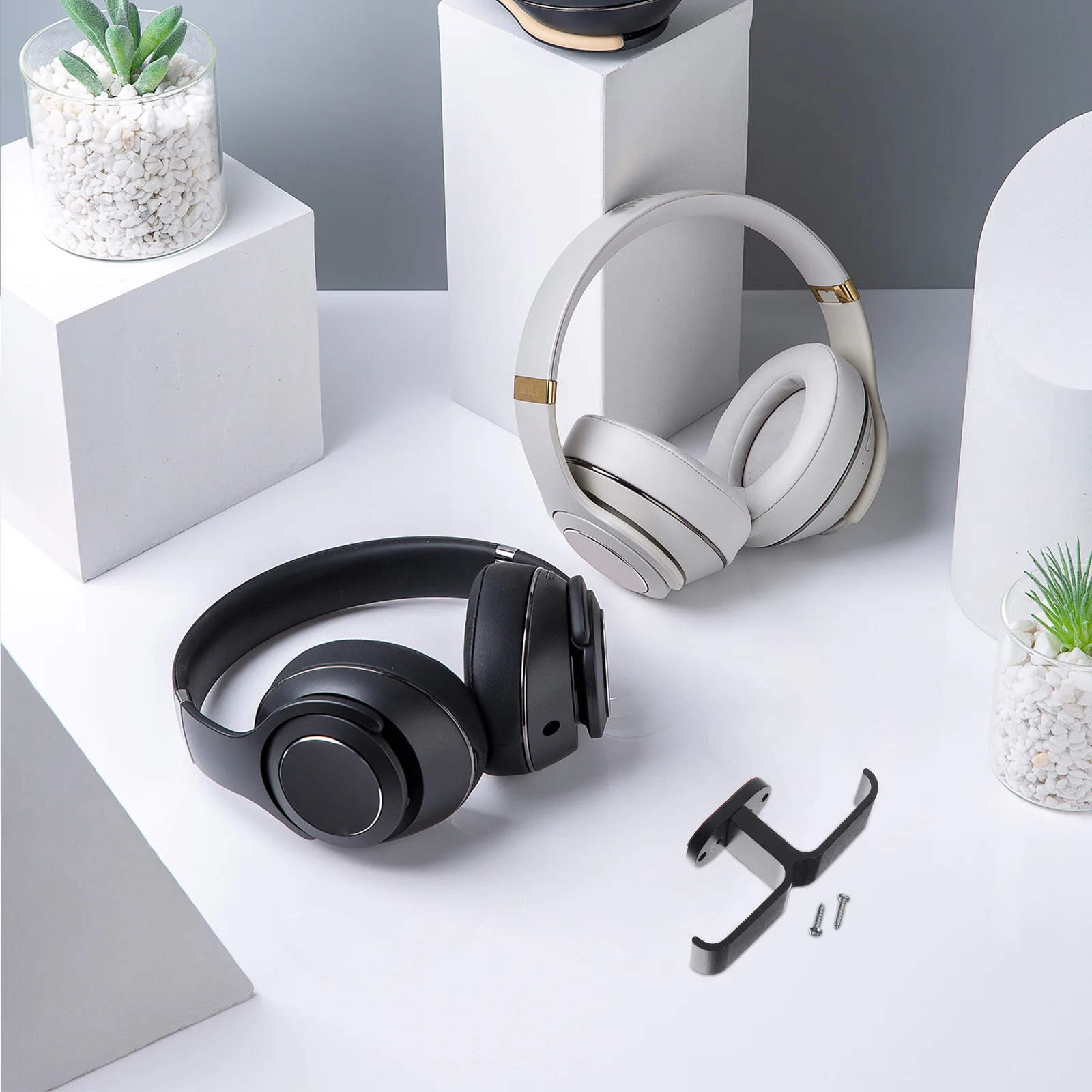 

Dual Under Desk Headphone Stand Headset Holder Rugged Premium Rubber -Saving Double Hook Design Adhesive Or Screw