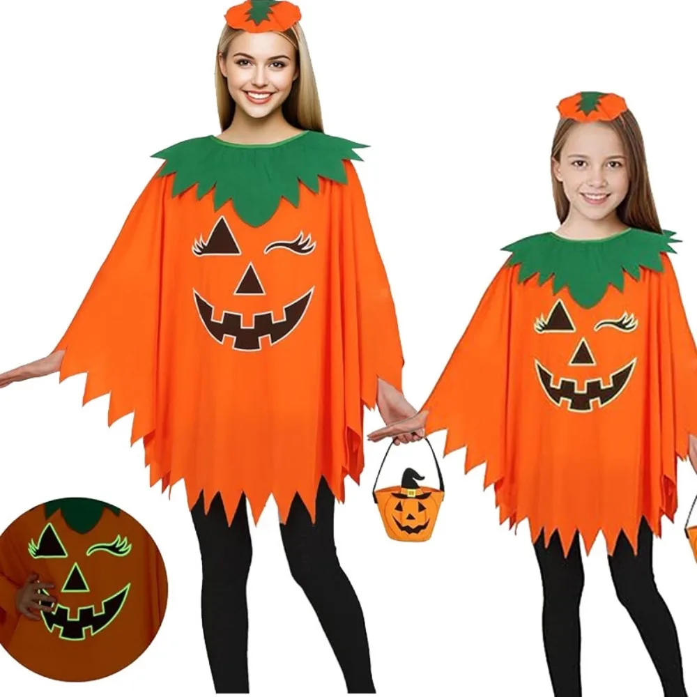 

Halloween Pumpkin Costume Cape Set | Glow-in-The-Dark for Kids Adult Party Cloak (with Headband Candy Bag & Cosplay Accessories)