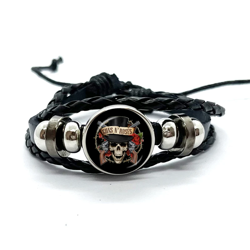 Latest Guns N Roses Rock Band Bracelet Punk Guns and Roses Band Logo Print Glass Gem Handmade Multilayer Braided Bangle Gift