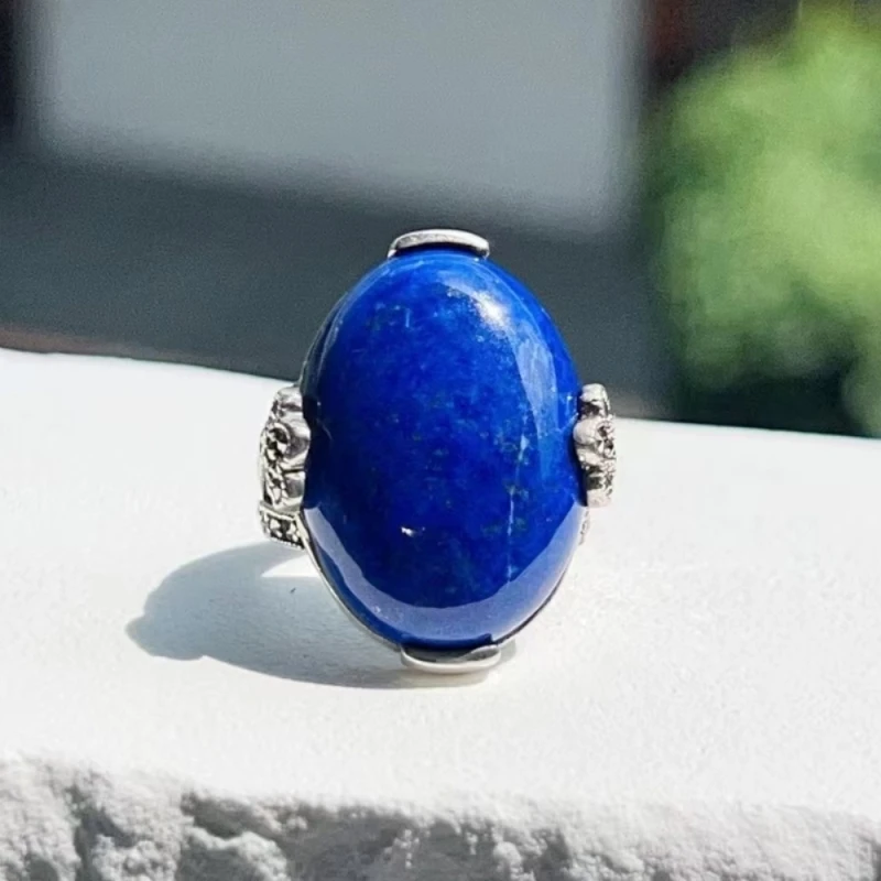 

Real Solid 925 Sterling Silver Band Lapis Lazuli Oval Women Lucky Hollow Ring