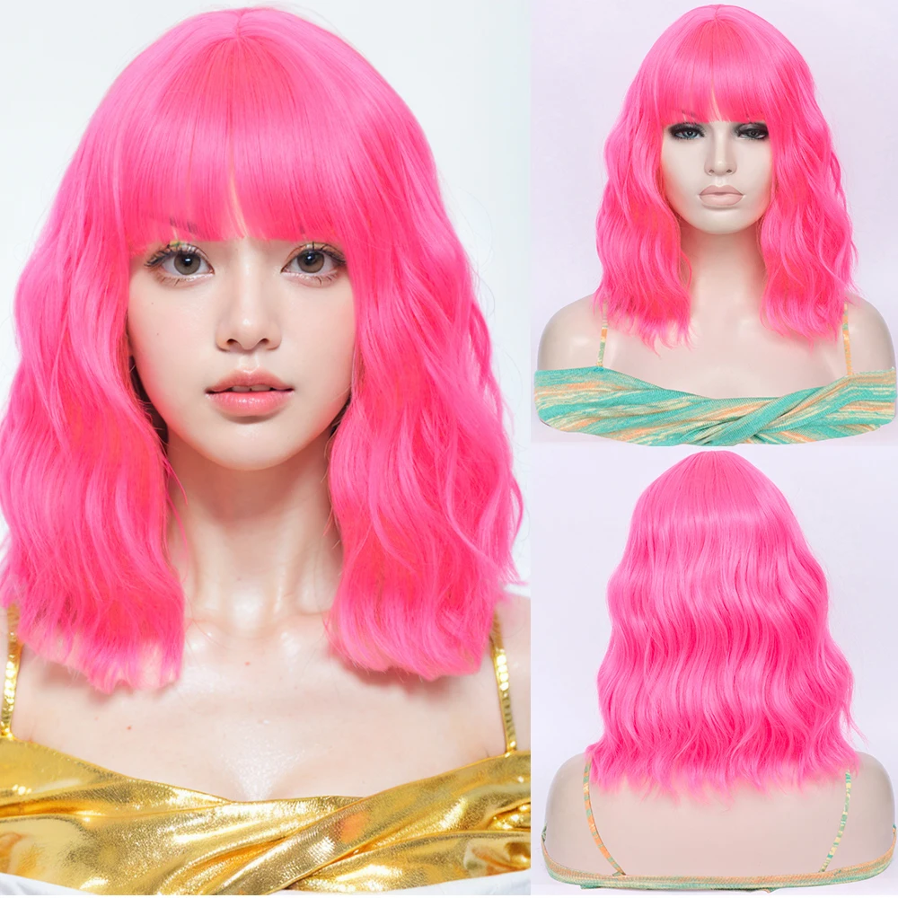 

Synthetic Short Curly Wave Rose Red Bob Wigs with Side Bangs For Women Daily Cosplay Party Heat Wear Resistant Fake Hair