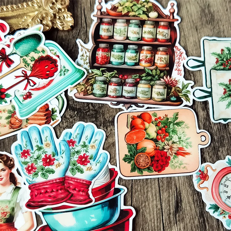 Watercolor Retro Christmas Kitchen Figure Kitchen Tools Stickers Vintage, Waterproof   for Photo Album stationery scrapbooking