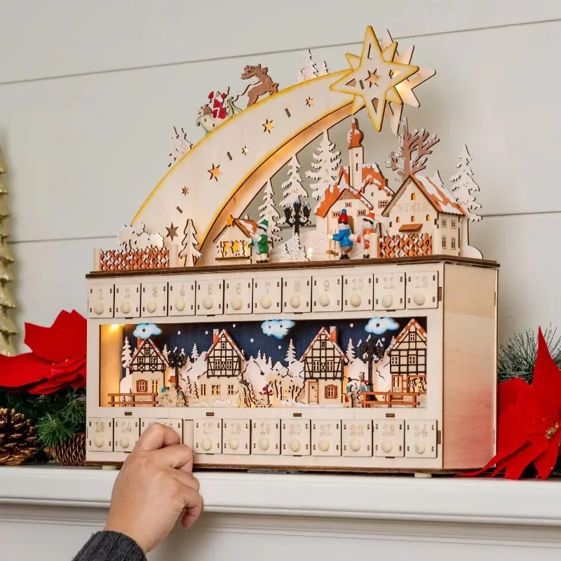 Wooden Countdown Calendar with 24 Drawers and Light Emitting Diodes for Holiday Decorations