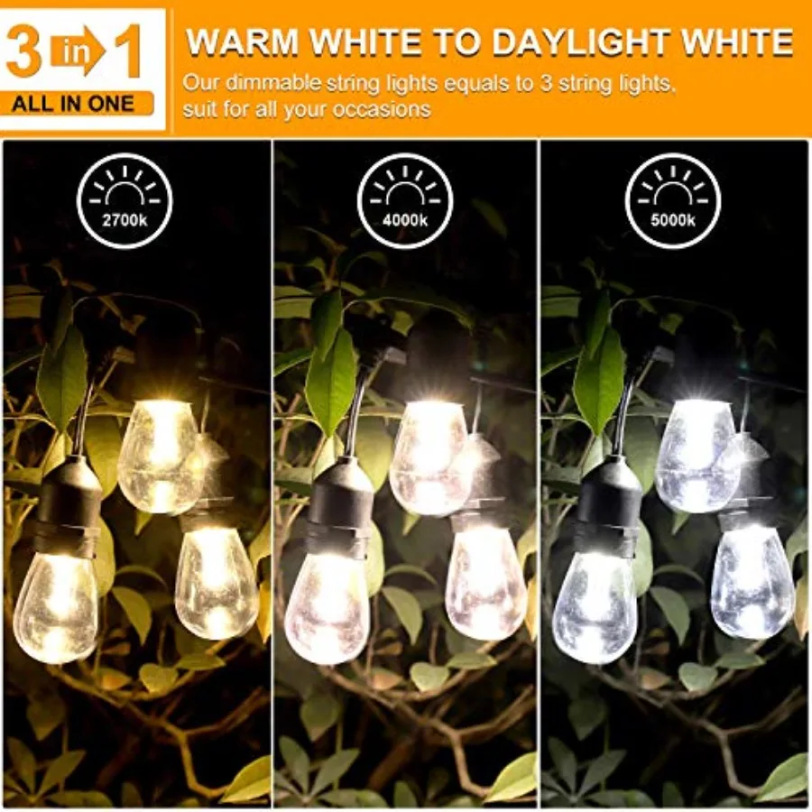 3 Color Outdoor LED Dimmable String Lights for Patio with Remote, Plug in 48Feet Waterproof Shatterproof Edison Bulb Lights for