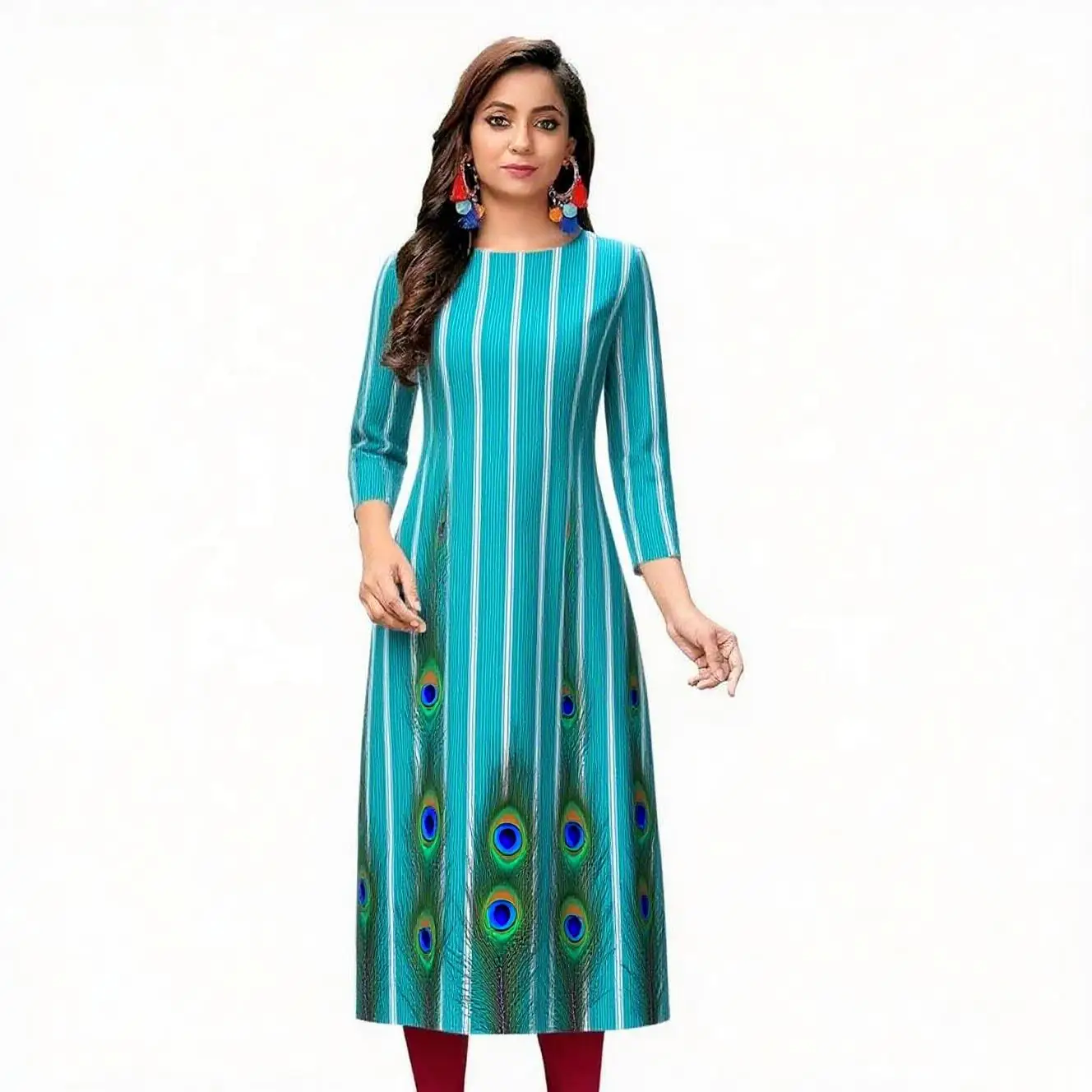 Vestido Kurt informal, moderno y cómodo para mujer, manga larga, tubo recto, informal, étnico, cuello redondo, diseño de tamaño regular.