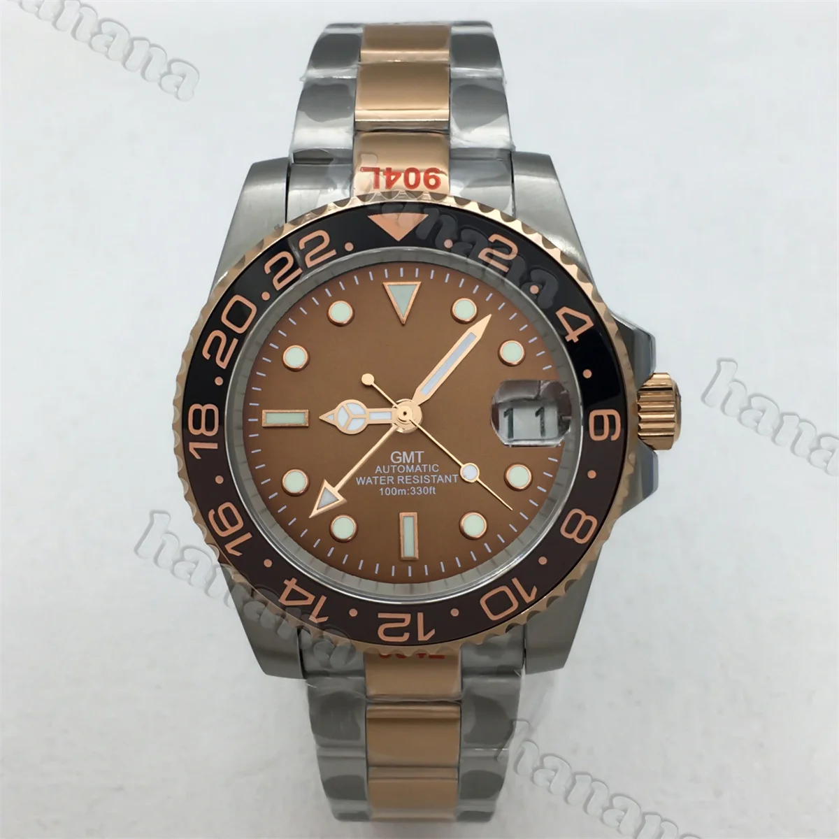 40mm two-tone rose gold NH34 GMT automatic mechanical watch rootbeer bezel and chocolate dial Sapphire glass C3 green luminous