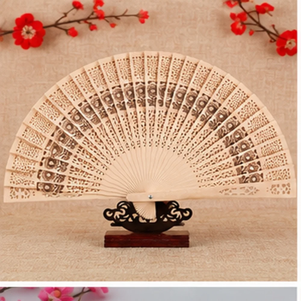 2026 Vintage Carved Wooden Folding Fan for Women, Sandalwood Scent Hand Fan, Hollow Floral Design Photo Prop for Wedding, Party, Dance and Gift
