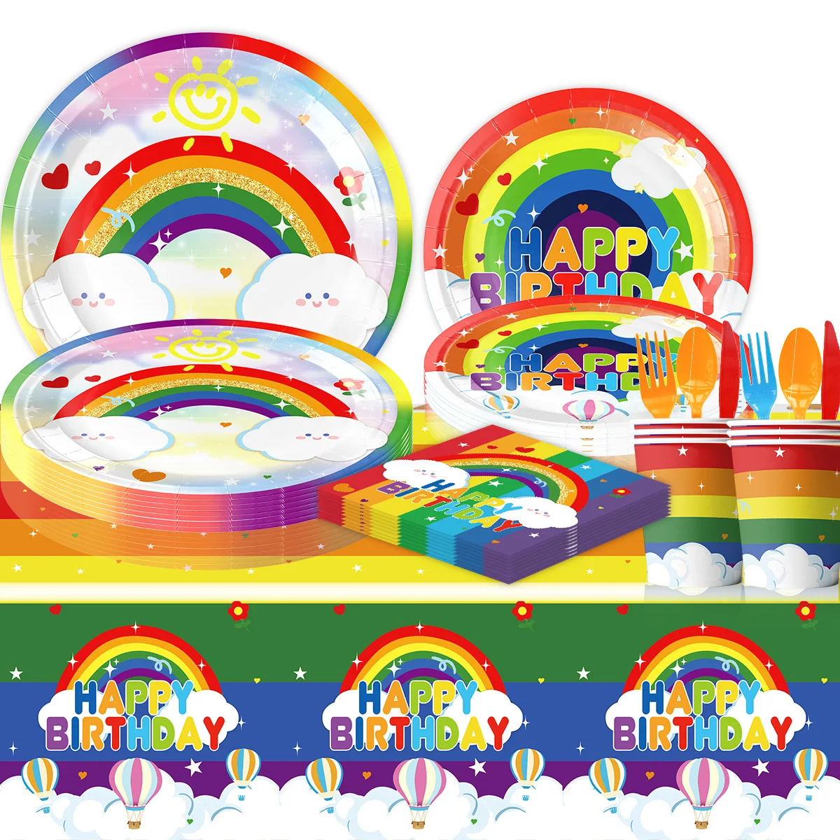 

Rainbow Theme Birthday Party Decorative Tableware Baby Shower Balloon Set Decorative Supplies Paper Cup Cake Children's Flag