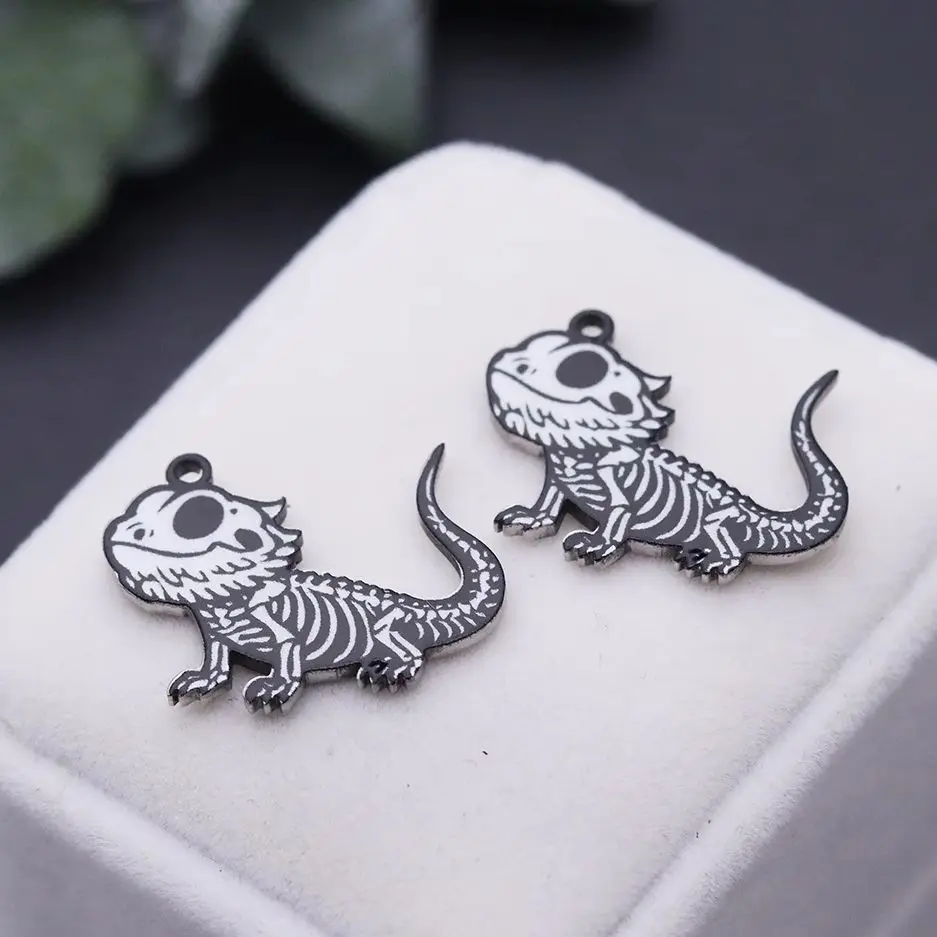 2 قطعة الشرير الأسود نمط السحلية الفولاذ المقاوم للصدأ قلادة جالبة للحظ لصنع المجوهرات سلاسل المفاتيح هالوين الأحفوري الهيكل العظمي لتقوم بها بنفسك لوازم #1