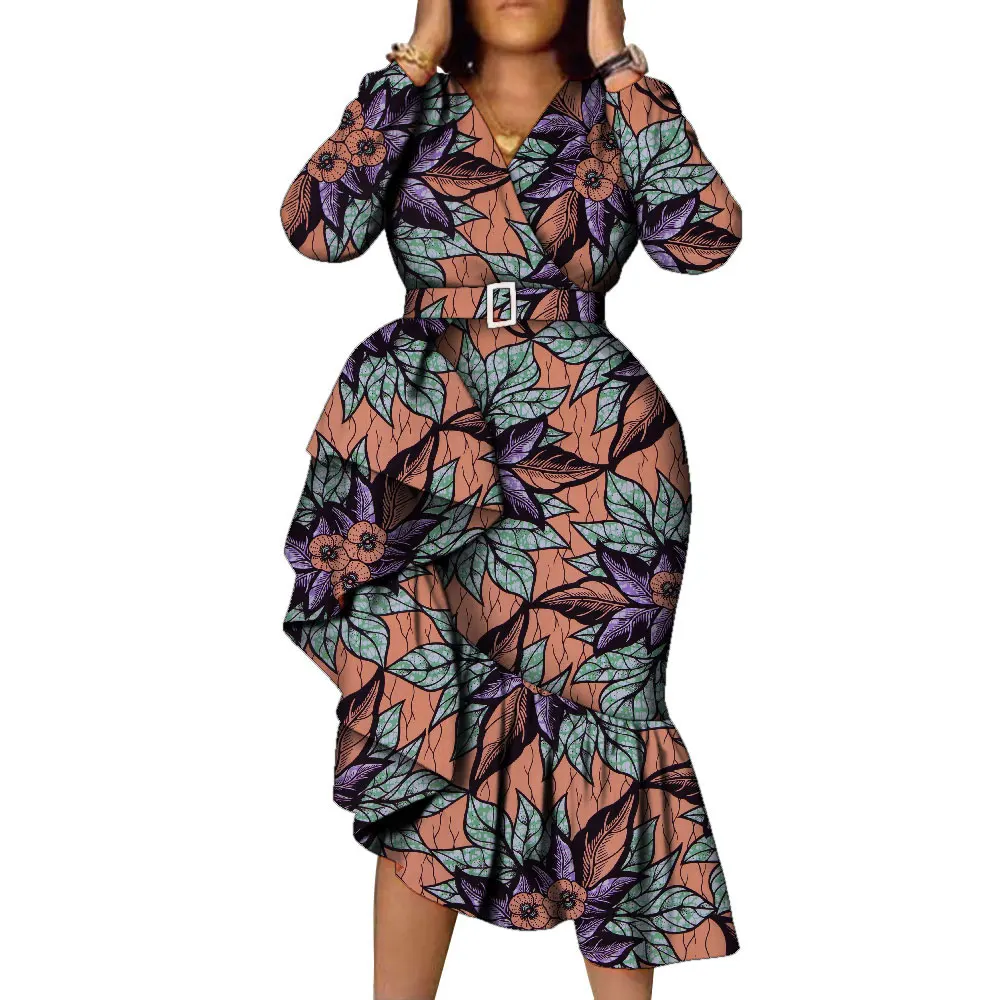 African Long Sleeve Women's Dress Wax Printed Kitenge Design Ruffle Irregular Hemline Dresses African Long Sleeve Women's Dress Wax Printed Kitenge Design Ruffle Irregular Hemline Dresses