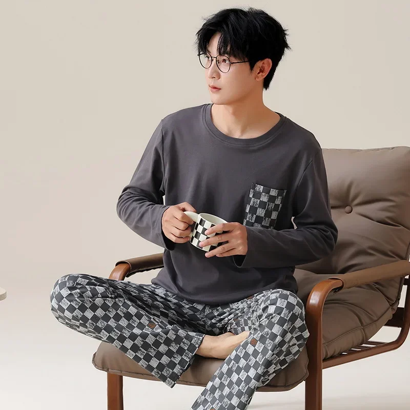 Korean Cotton Men\'s Pajamas Set Autumn Long Sleeves Sleeping Top Trouser Nightwear Young Boy L-3XL Big Size Pijamas Male Lounge