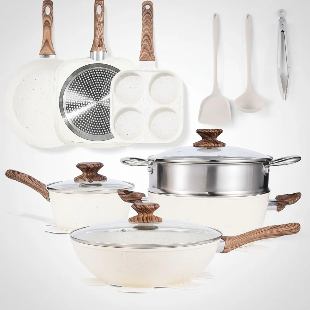 

Набор посуды с антипригарным покрытием из 17 предметов с прохладными ручками, кремово-белые кухонные кастрюли и сковородки для здорового приготовления пищи