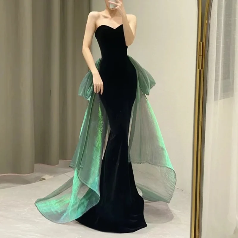 Customized Black Trumpet Evening Dress 2024 New Strapless Formal Robe Women Elegant Temperament Slim Waist Patchwork Bow Wedding