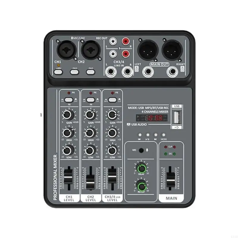 E21E 4-Channel USB Sound Mixer Metal Body Mixing Console 48V Power Supply for Easy Transport and Space Saving