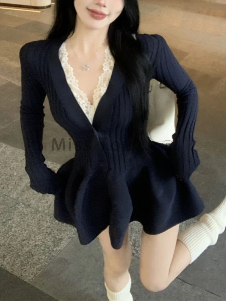 Winter Korean Fashion V Neck Knit Dress Women Designer Sweet Slim Sweater Dresses Female Retro Solid Y2k Knitted Dress New 2024