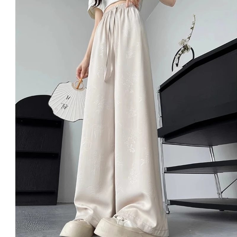 Womens Satins Textured Drawstring High Waist Trousers Fashionable Vintage Flower Pattern Casual Loose Wide Leg Pants 066C