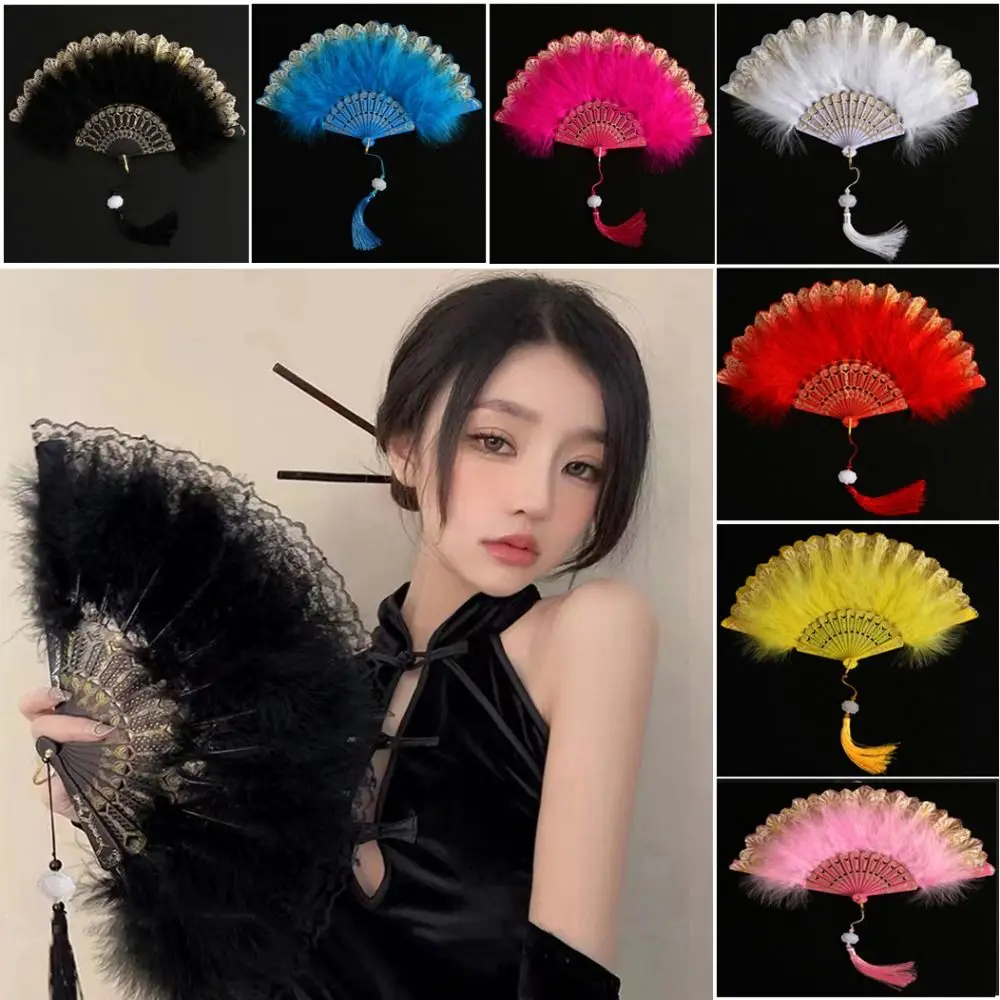 Chinese Ancient Style Foldable Cheongsam Hand Fan Double Sided with Plastic Fan Bone Fur Women's Fashion Show Fan Black White