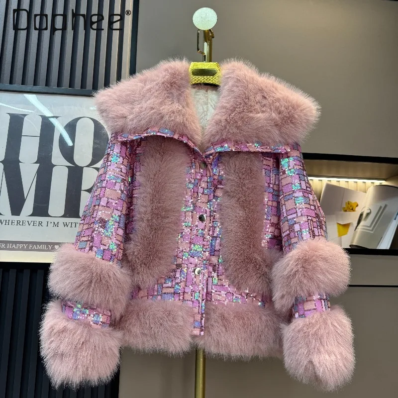 高級ファッションスパンコールエコフレンドリーファーコート女性用ヨーロッパ風新トレンド折り返し襟厚手暖かいミンクファーコート女性用