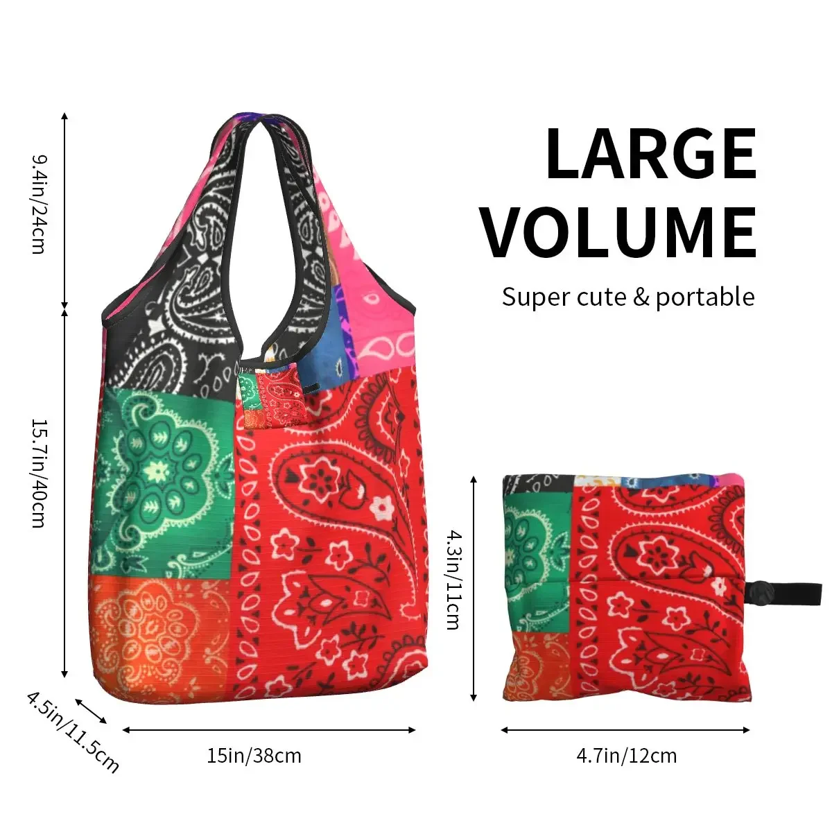 Fashion Bandanna Patchwork Shopping Bag Women Portable Big Capacity Grocery Paisley Pattern Shopper Tote Bags
