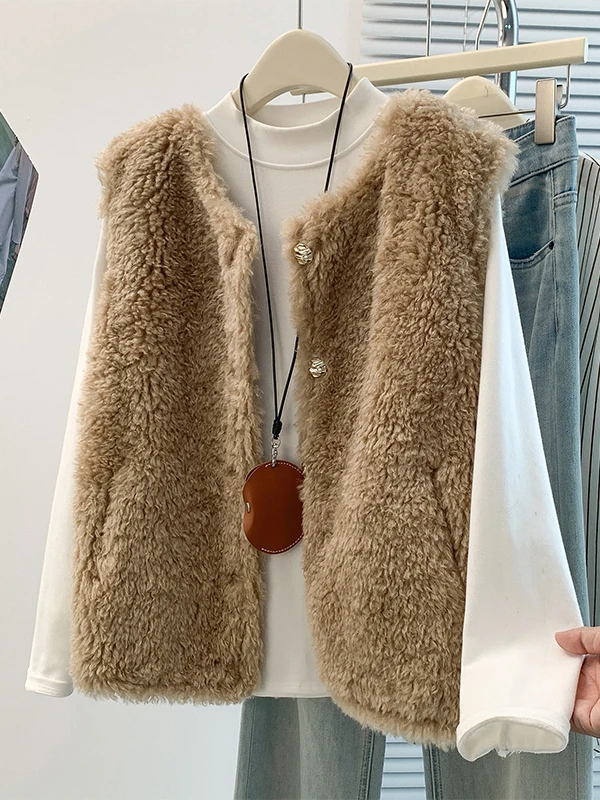 Korean Fashion Lamb Fur Vest Women's Winter Outerwear Anti-Aging Slimming Leather Fur Integrated Shoulder Top Shortened Length