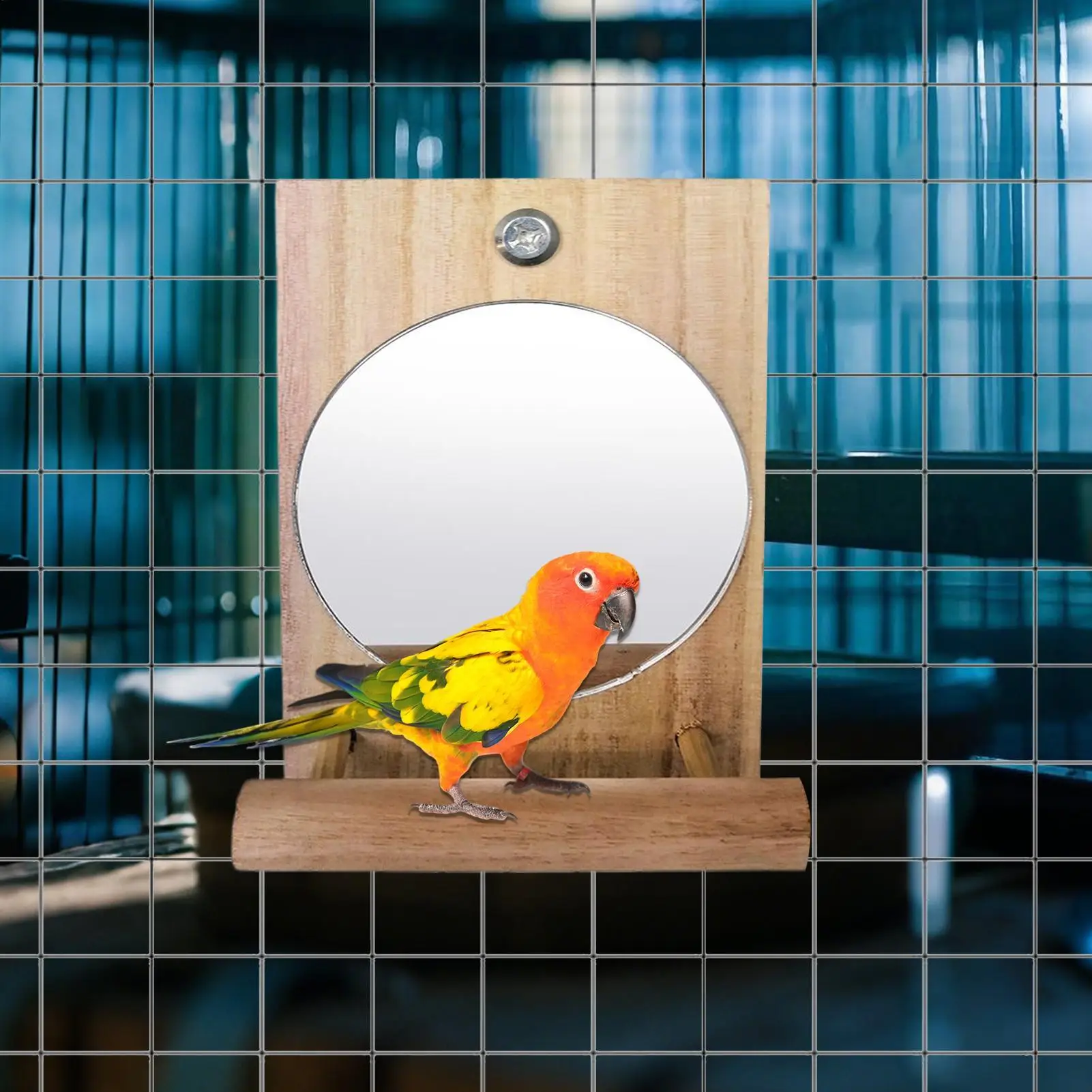 Spiegel für Sittiche im Käfig, Papageien-Spiegel, Vogelspielzeug, Holzständer, interaktives Kauspielzeug, Haustierbedarf für Nymphensittiche, Kanarienvögel, Papageien
