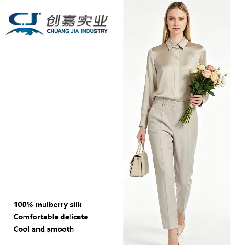 

Элитная женская шелковая рубашка с длинным рукавом для весны и лета, 100% однотонный шелковый атлас цвета хаки, комфортный топ, классическая женская одежда