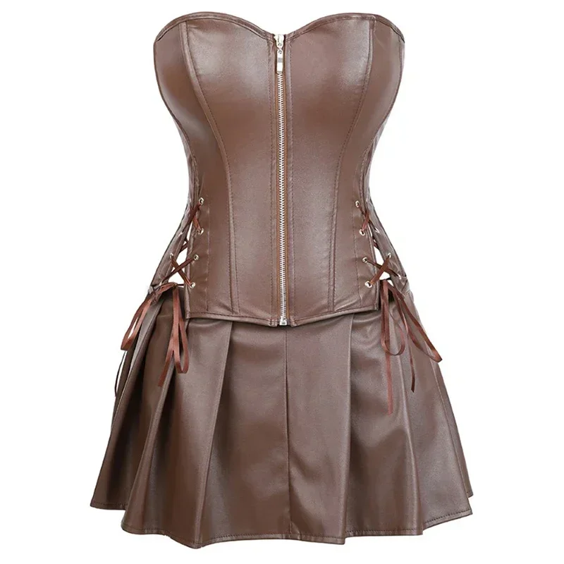

Women Punk Dresses Zipper Gothic PU Leather Corset PU Leather Corset Mini Skirt Sexy Ladies Eyelet Lace Up Pleated Dress