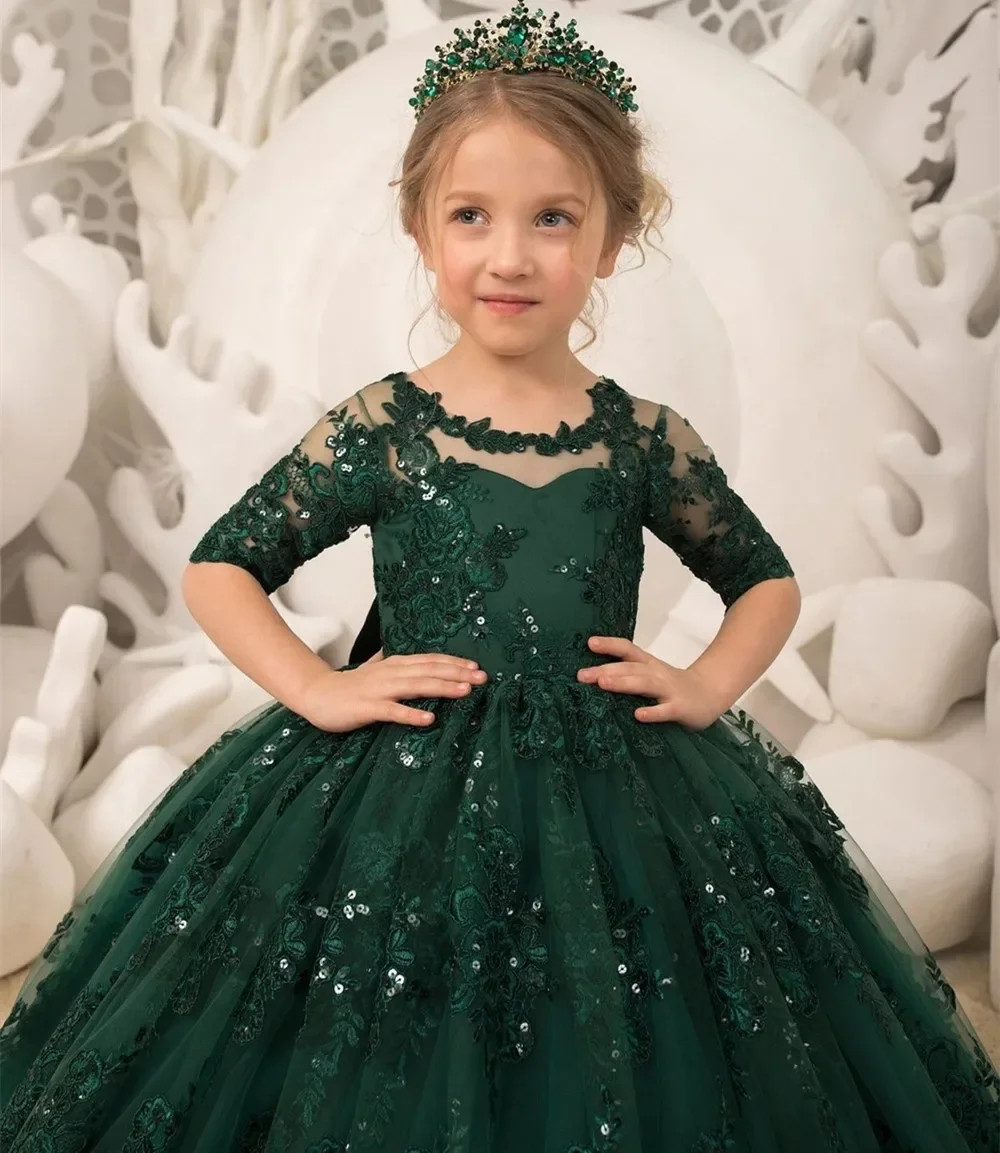 Emerald Green Long Princess Flower Girl Dresses Appliques Bow Tulle Half Sleeve Wedding Party Ball Gown Birthday Pageant Robe