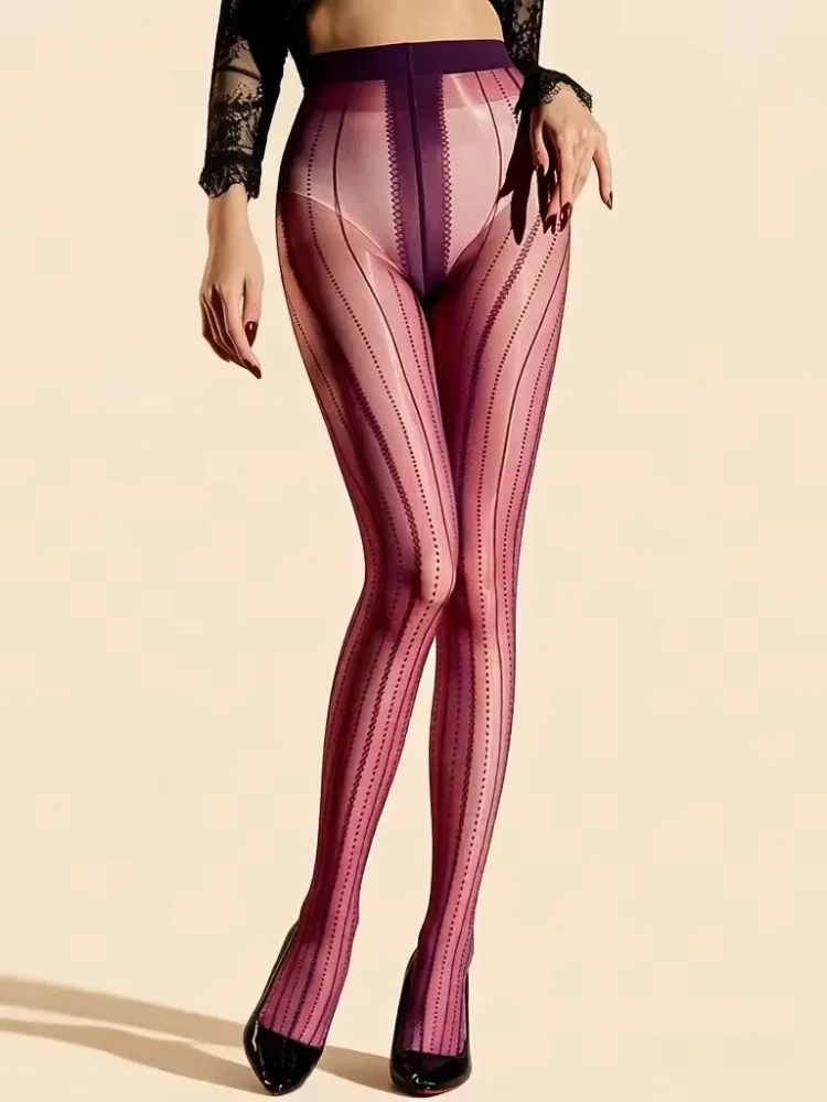 Women's Stripe Slimming Leg Pantyhose Ultra-thin High Elastic Oil Shiny Sheer See Through Stocking Tights Maid T Crotch Leotard