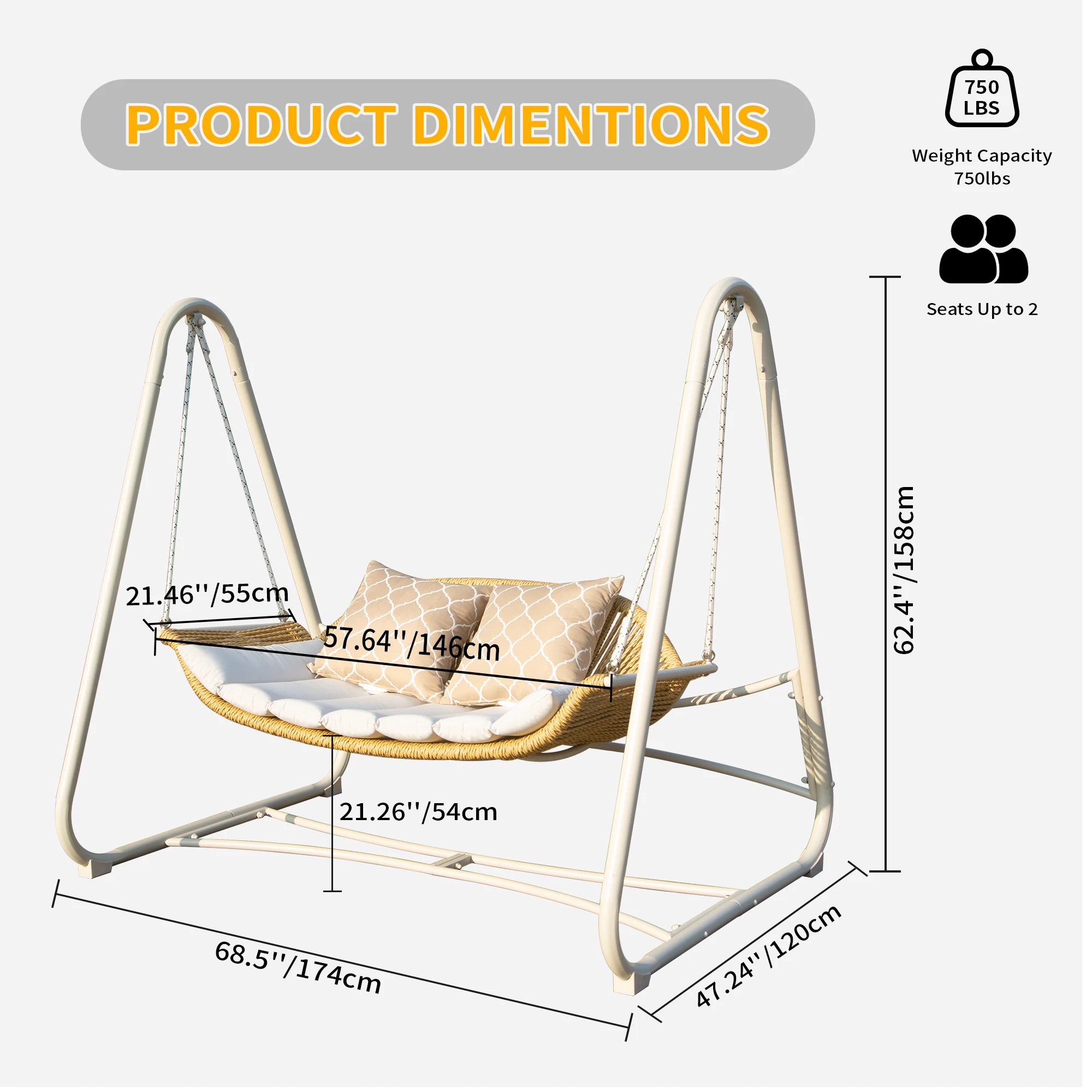 2-Seat Hanging Swing Chair With Thickened Cushions And Pillow Rattan Porch Swing Chair Outdoor Hammock Chair