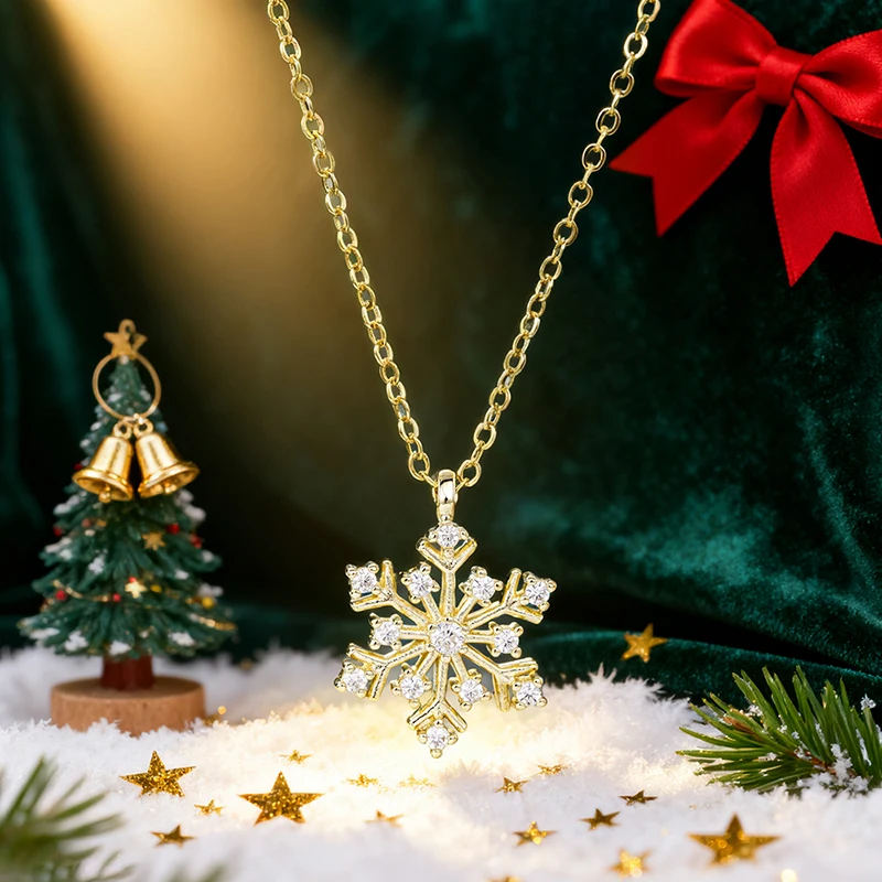 Huitan Fresh Snowflake Pendant Necklace for Women Aesthetic Christmas Elegant Lady Accessories Festival Jewelry Inlaid Shiny CZ