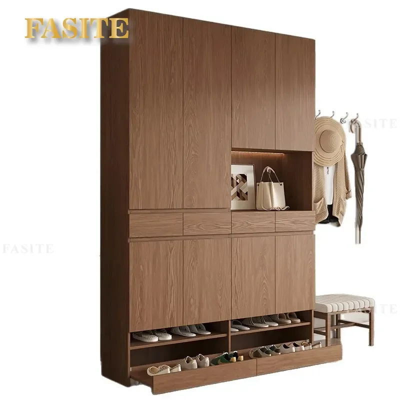 For Home Oak Shoe Cabinet Walnut Color Solid Wood Large Capacity Pull Out Storage Locker Integrated Against Wall Entrance